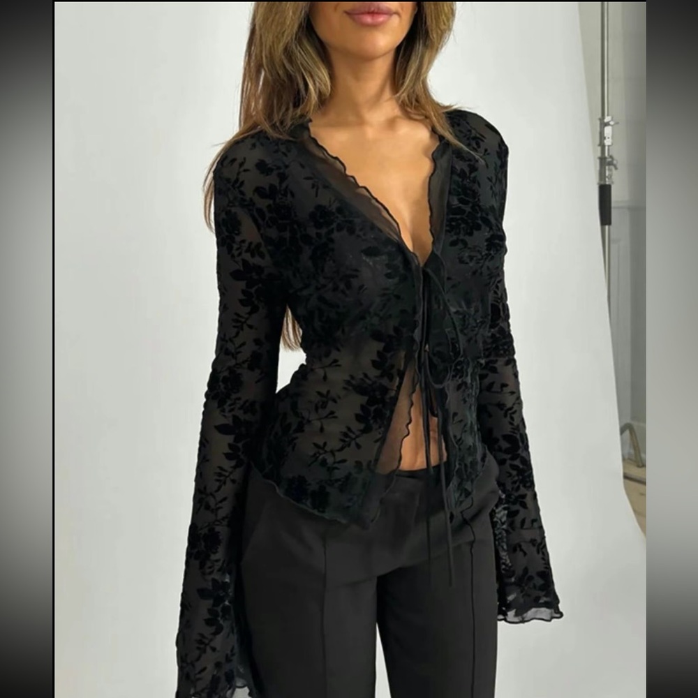 Chic Black Floral Sheer Blouse
